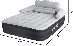 Air Mattress with Headboard, 18 in Inflatable with Built-in Pump, Blow Up Mattress with Removable Electric Pump, Comfort Air Bed Queen for Camping & Home - Grey