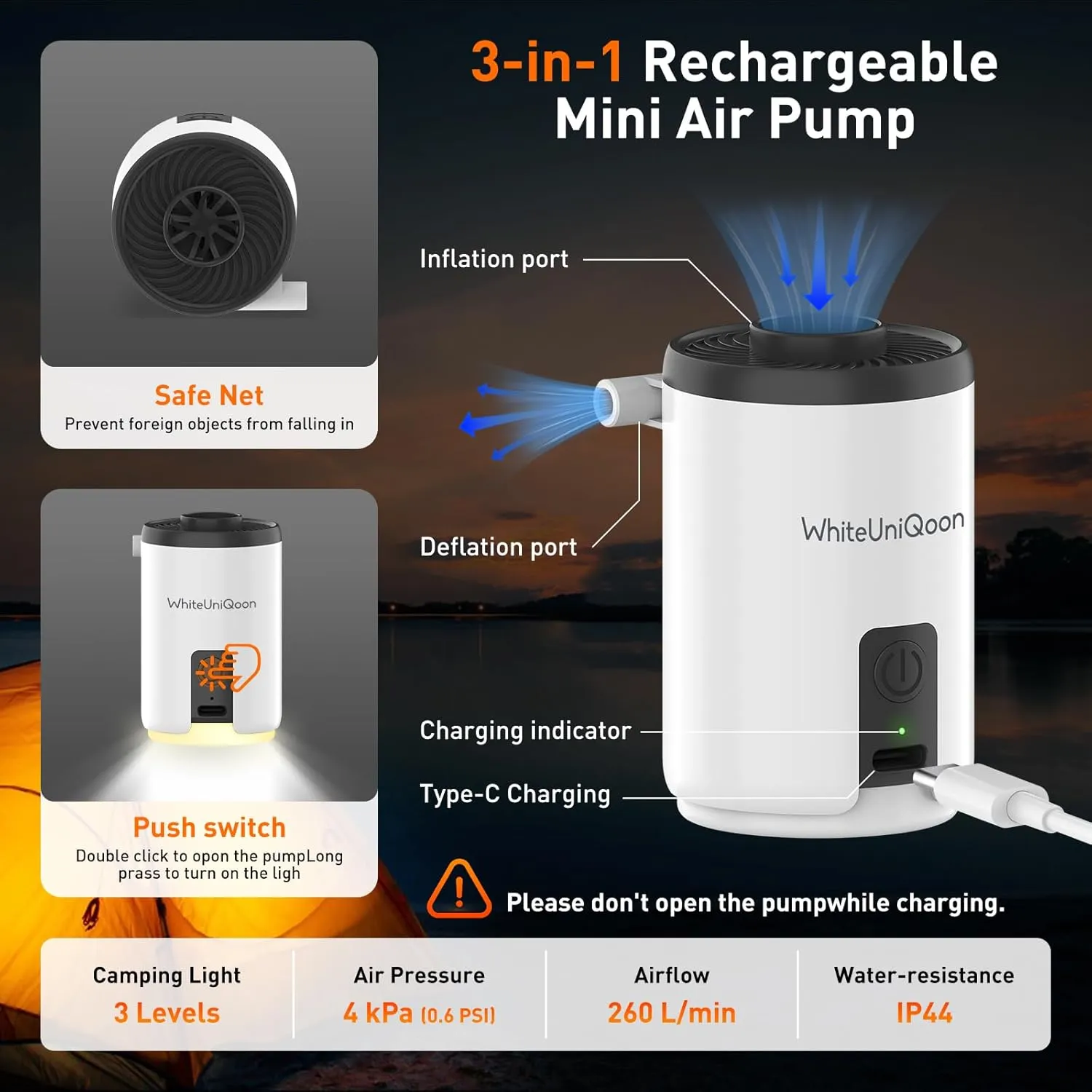 Air Pump for Inflatables, Mini Air Pump with 1600 mAh Battery & Camping Light USB Rechargeable to Quickly Inflate Deflate for Pool Floats, Air Mattress, Swimming Ring, Vacuum Storage Bags