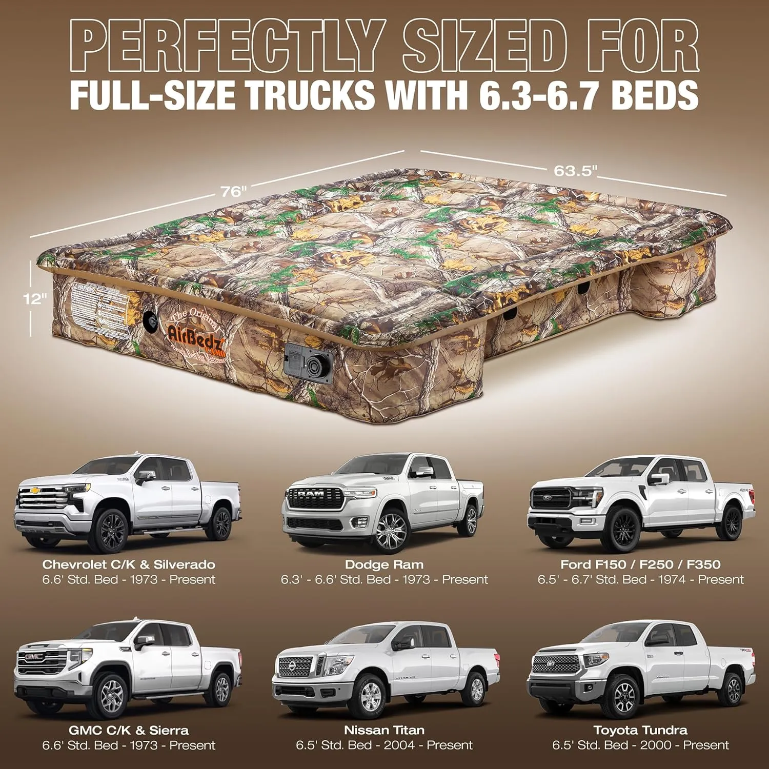 AirBedz Pittman - Truck Bed Mattress 6.5 Foot Bed > 6ft - The Original Truck Bed Air Mattress 6.5 Bed - Full Size Truck Mattress with 25% More Bed Coverage for Pickup Truck Bed Camping - Camo