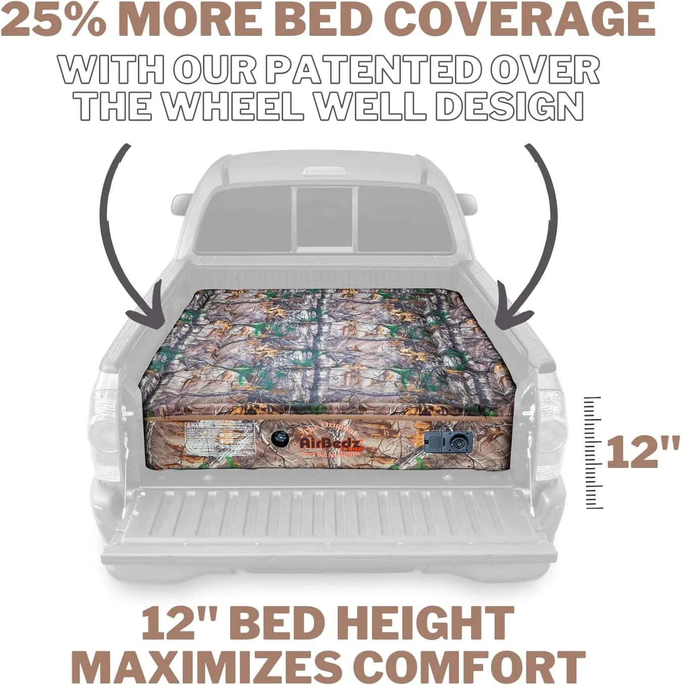 AirBedz Pittman - Truck Bed Mattress 6.5 Foot Bed > 6ft - The Original Truck Bed Air Mattress 6.5 Bed - Full Size Truck Mattress with 25% More Bed Coverage for Pickup Truck Bed Camping - Camo