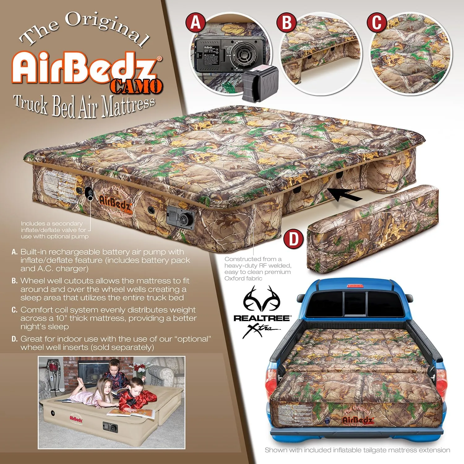 AirBedz Pittman - Truck Bed Mattress 6.5 Foot Bed > 6ft - The Original Truck Bed Air Mattress 6.5 Bed - Full Size Truck Mattress with 25% More Bed Coverage for Pickup Truck Bed Camping - Camo