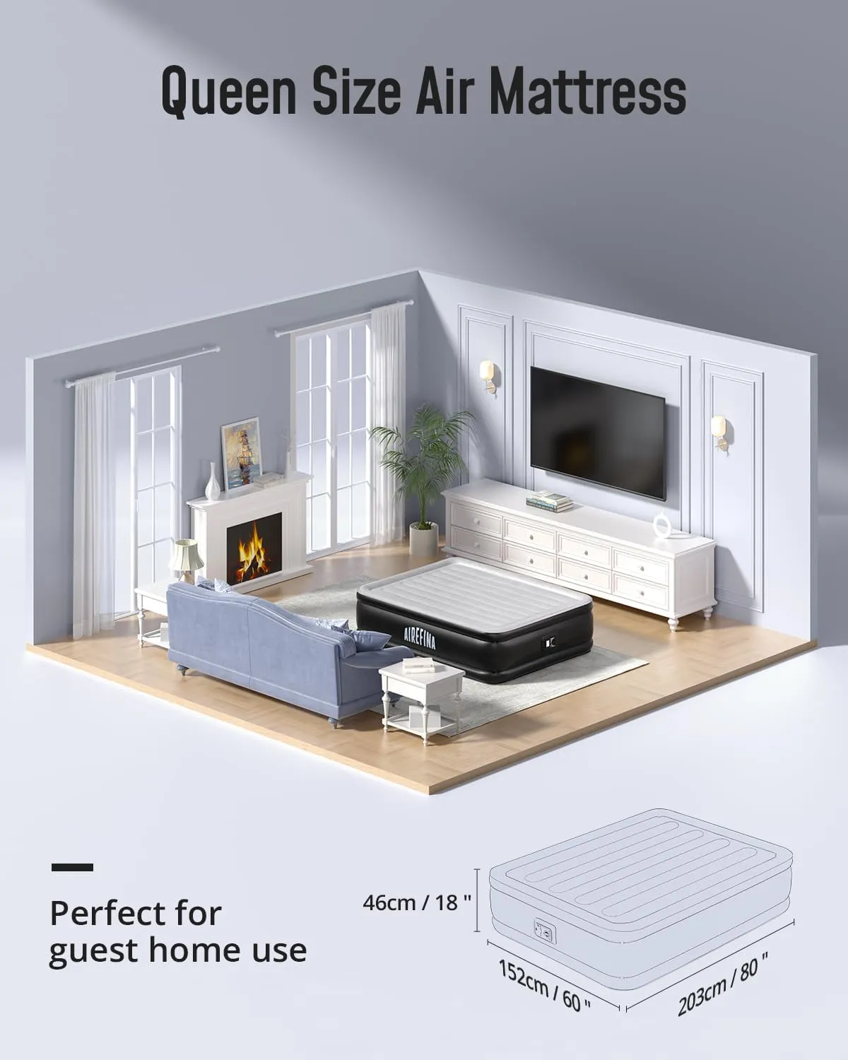 Airefina Air Mattress Queen with Built in Pump, Blow Up Mattress Inflatable Mattress Easy and Quickly Inflation/Deflation Upgrade Air Coil Portable with Carrying Bag for Guest Colchon Inflable