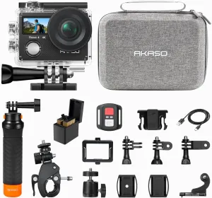 AKASO Brave 4 Action Camera with Waterproof Floating Hand Grip and Carry Bag Bundle - 4K30 20MP Ultra Hd EIS 131ft Underwater Camera 5xZoom Dual Screen with Helmet and Bicycle Accessories Kit