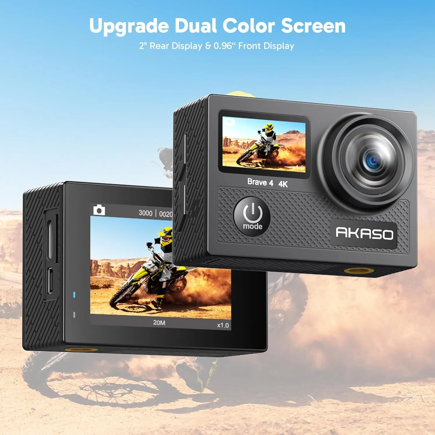 AKASO Brave 4 Action Camera with Waterproof Floating Hand Grip and Carry Bag Bundle - 4K30 20MP Ultra Hd EIS 131ft Underwater Camera 5xZoom Dual Screen with Helmet and Bicycle Accessories Kit