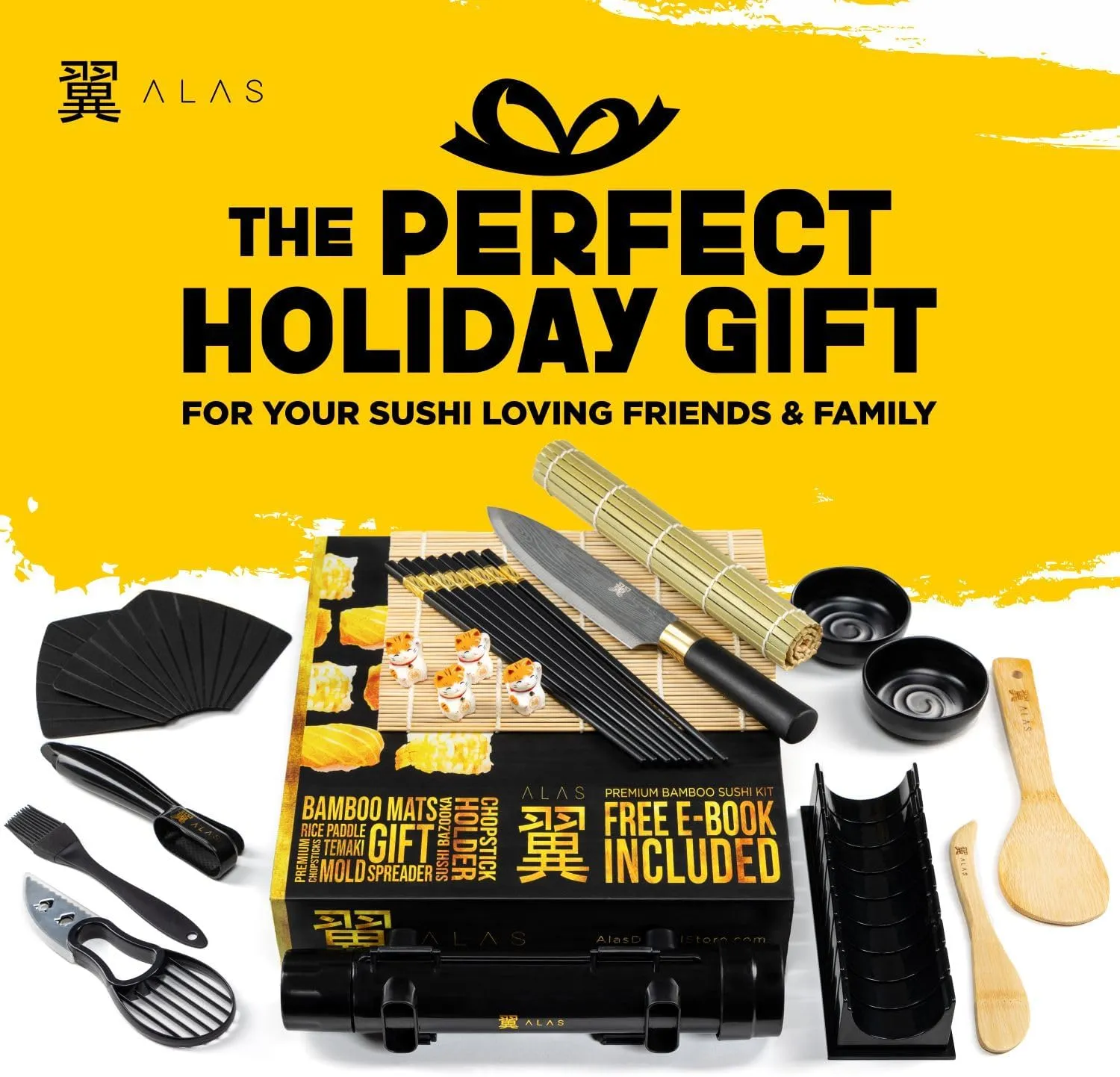 Alas Sushi Making Kit- Complete Sushi Making Kit for Beginners & Pros Sushi Makers, Perfect Sushi Making Kitchen Accessories Like Sushi Knife, 2 Sushi Mats, Rice Bazooka, Dipping Plate, & More (Black)