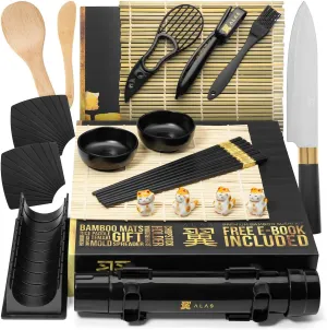 Alas Sushi Making Kit- Complete Sushi Making Kit for Beginners & Pros Sushi Makers, Perfect Sushi Making Kitchen Accessories Like Sushi Knife, 2 Sushi Mats, Rice Bazooka, Dipping Plate, & More (Black)