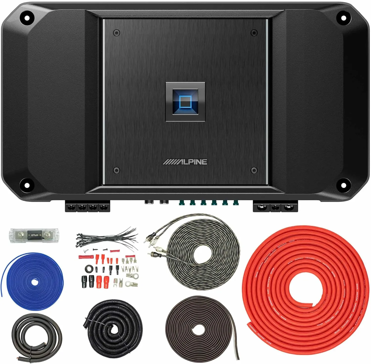 Alpine R2-A150M R Series Mono Class D Subwoofer Amplifier 1500W with SoundBox TCK4 4 Gauge OFC Complete 4 GA Copper Amplifier Install Wiring Kit Bundle