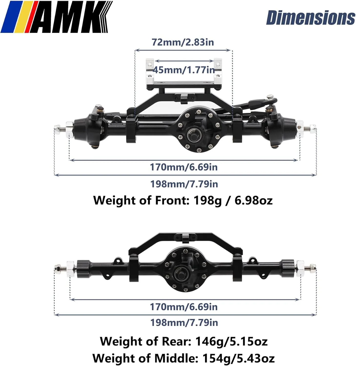 AMK Aluminum 1/10 RC Crawler Axle Complete Front Rear Set for 6x6 4WS Four Wheel Steering for RC4WD Gelande II TF2 D110 Yota II Upgrades (Rear)
