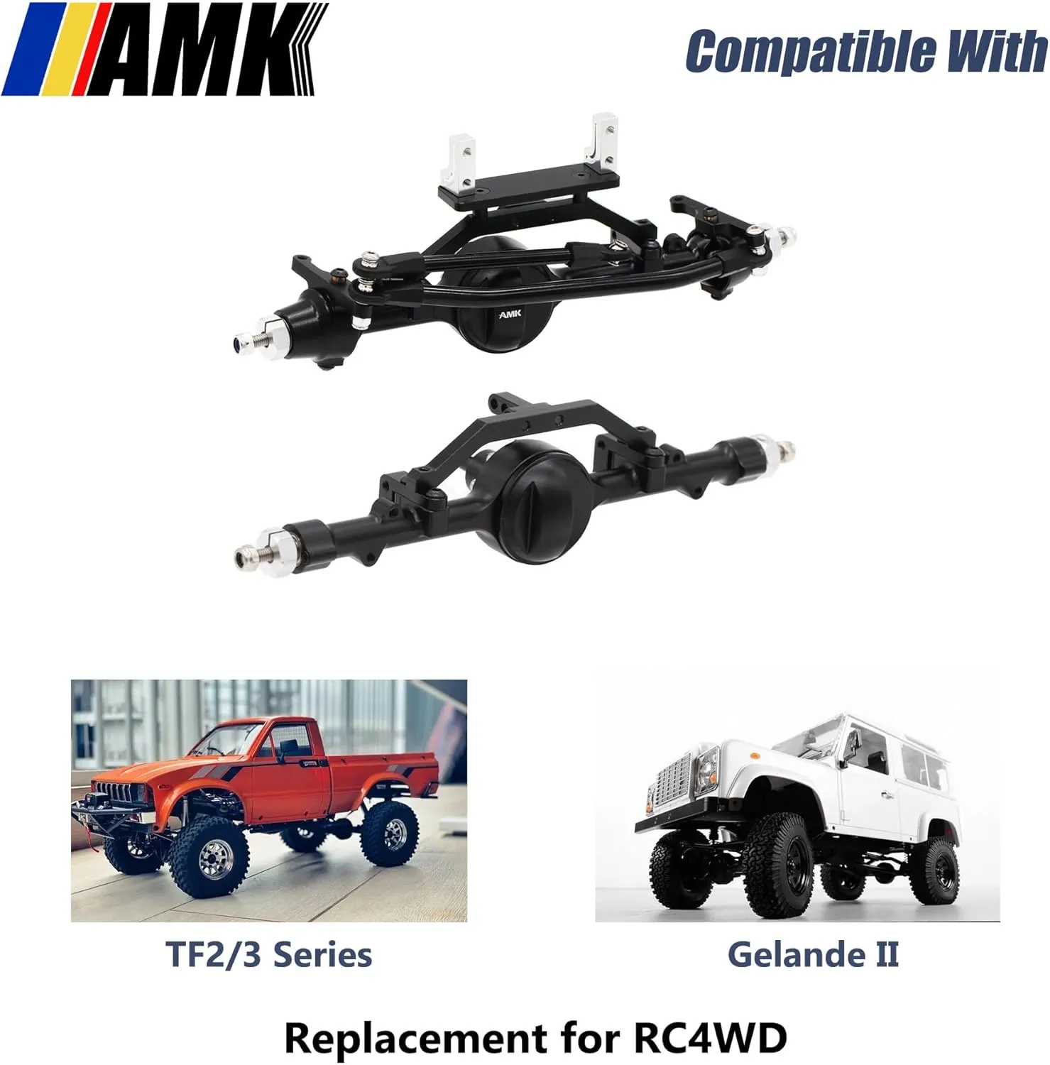 AMK Aluminum 1/10 RC Crawler Axle Complete Front Rear Set for 6x6 4WS Four Wheel Steering for RC4WD Gelande II TF2 D110 Yota II Upgrades (Rear)