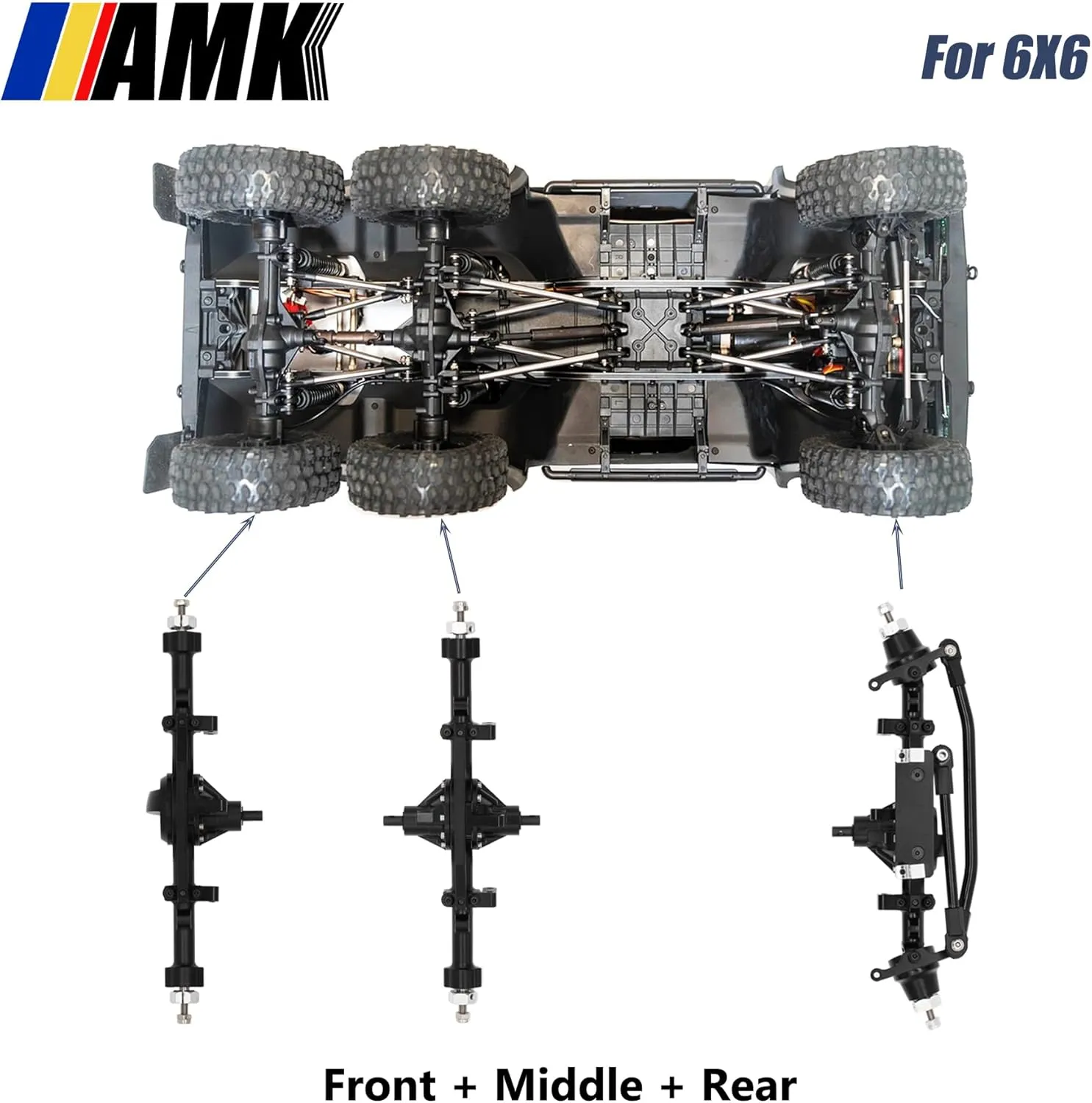 AMK Aluminum 1/10 RC Crawler Axle Complete Front Rear Set for 6x6 4WS Four Wheel Steering for RC4WD Gelande II TF2 D110 Yota II Upgrades (Rear)