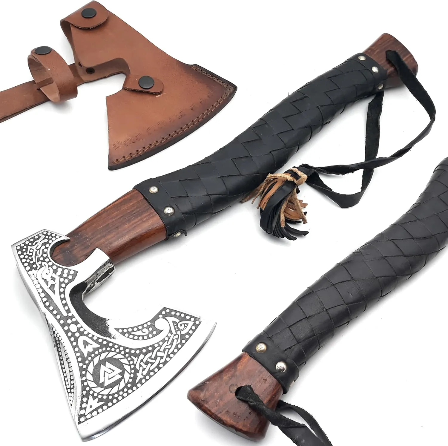 Ancilla Russian Axe Hatchet - Russian Valknut Wood Hand - Crafted Tomahawk Axe - Bearded Viking Hatchet for Camping with Leather Sheath - Unique Gift for Hunting Men - Vikings Prop and Cosplay