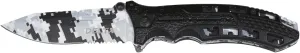 Assisted Folding Knife Delta K2797BKLS, Black Aluminium Handle with Holes, 10.5 cm Stainless Steel Blade with Saw, Blade and Liners in Blue Military camo. with Clip, with Sheath.