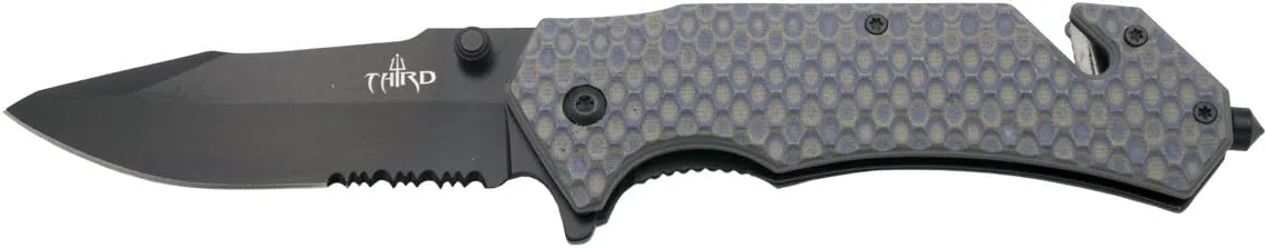 Assisted Folding Knife K2771TBS, Bicolor Blue G10 Handle and Camel Honeycomb Pattern Bees, 420 Stainless Steel Blade Finished in 9.2 cm Black with Saw Sheath.