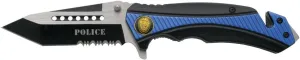 Assisted Safety Folding Knife K1912BLS Police Emblem, Includes Sheath. 9.1 cm Blade with Saw, Black and Blue Handle.