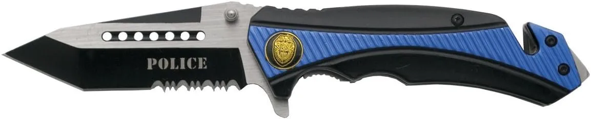 Assisted Safety Folding Knife K1912BLS Police Emblem, Includes Sheath. 9.1 cm Blade with Saw, Black and Blue Handle.