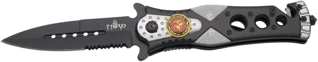 Assisted Safety Folding Knive K2775GYS Emblem Marines with Saw and Nylon Sleeve, Blade 10.1 cm Stainless Steel, Handle 12 cm