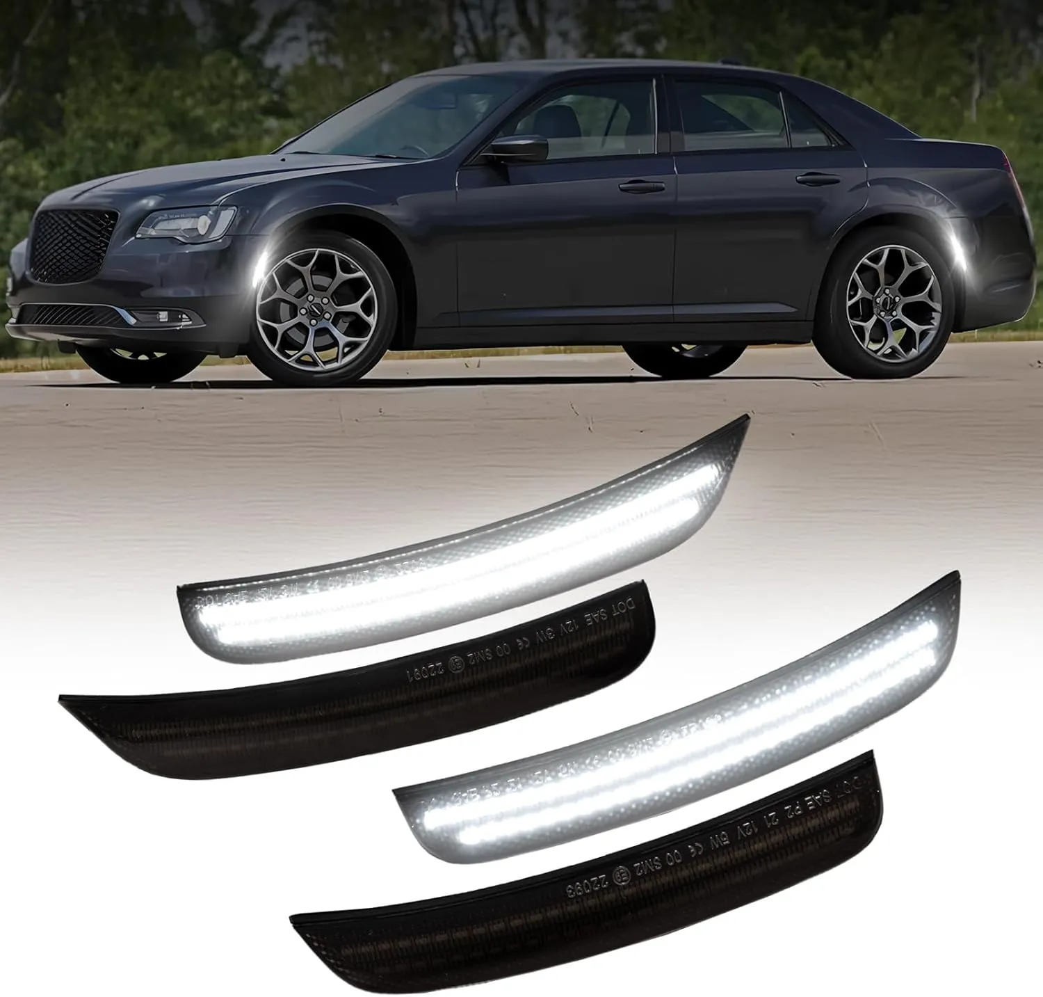 AUTOONE White LED Side Marker Lights Compatible With 2015-2023 Chrysler 300, Front & Rear Bumper Marker Lamps, Corner Parking Lamp & Smoked Len, 4PCS