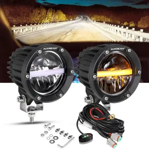 Auxbeam 4In Round LED Offroad Lights 2PCS, 110W Round LED Pods Auxiliary Driving Light with Amber DRL Design, Super Bright LED Light Bar Round Fog Light Wiring Harness for Truck Pickup SUV ATV UTV 4x4