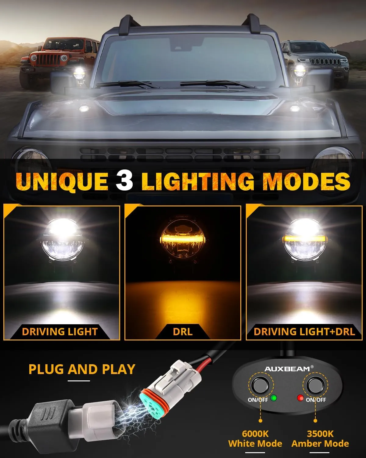 Auxbeam 4In Round LED Offroad Lights 2PCS, 110W Round LED Pods Auxiliary Driving Light with Amber DRL Design, Super Bright LED Light Bar Round Fog Light Wiring Harness for Truck Pickup SUV ATV UTV 4x4