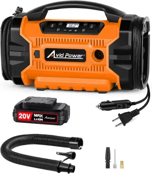AVID POWER Tire Inflator Air compressor Portable w/ 3 Power Source (110V AC, 12V DC, 20V Battery), Car Tire Pump w/Inflation & Deflation Modes, Dual Powerful Motors (Orange)
