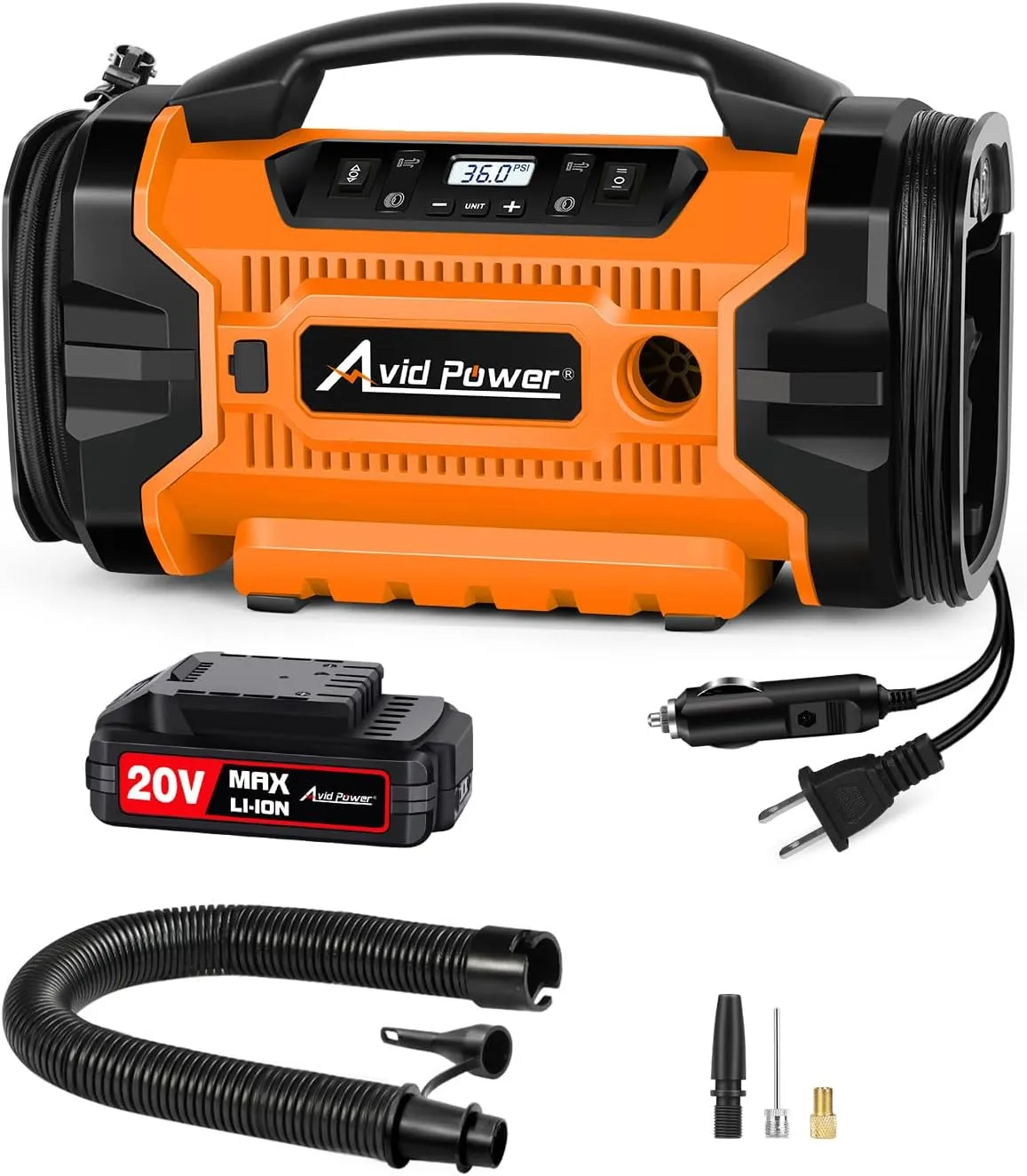 AVID POWER Tire Inflator Air compressor Portable w/ 3 Power Source (110V AC, 12V DC, 20V Battery), Car Tire Pump w/Inflation & Deflation Modes, Dual Powerful Motors (Orange)