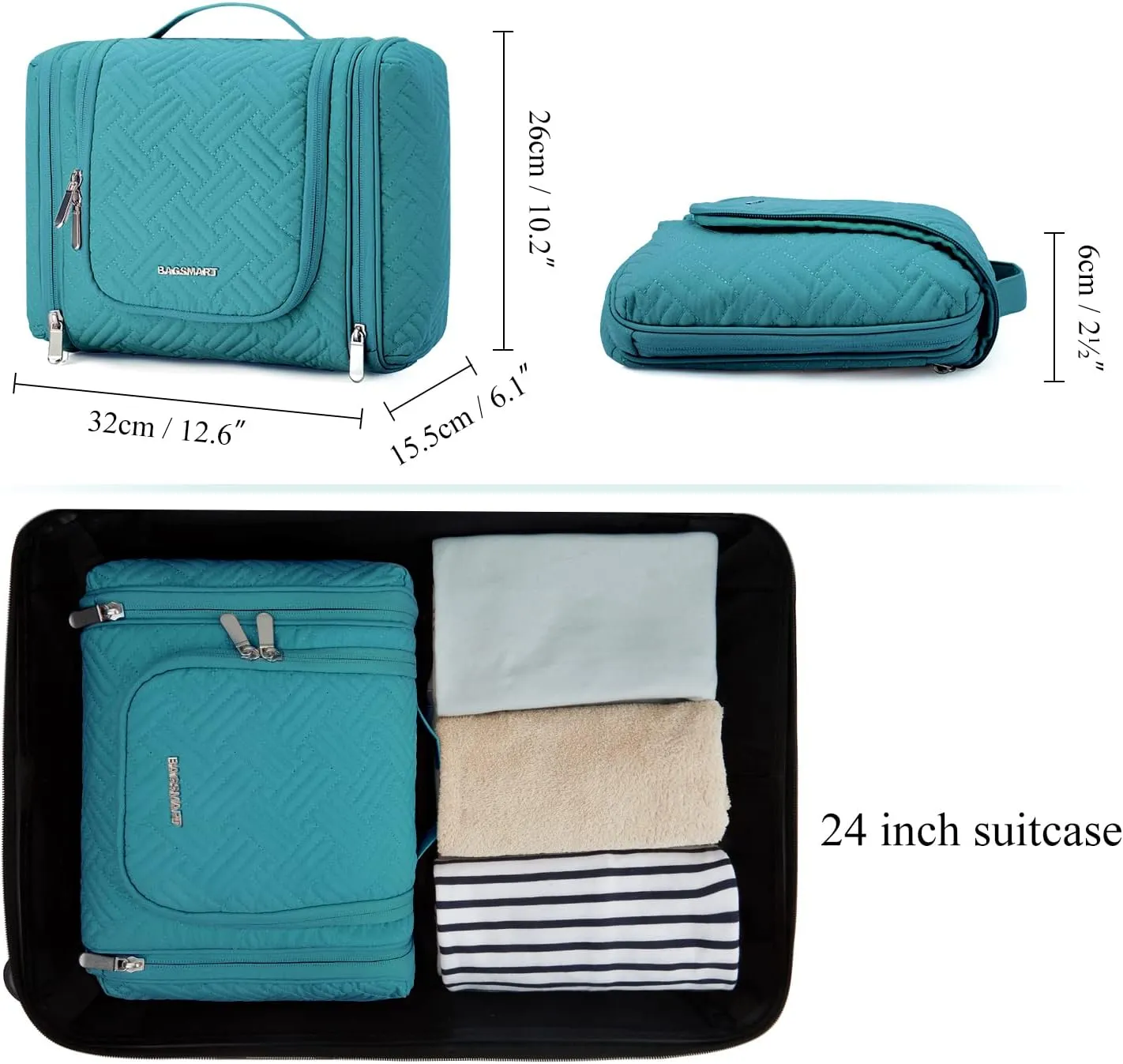 BAGSMART Large Travel Toiletry Bag for Women, Hanging Toiletry Bag with Hook, Travel Cosmetic Makeup Bag Travel Organizer for Accessories, Shampoo, Full Sized Container, Toiletries,Blue-Large