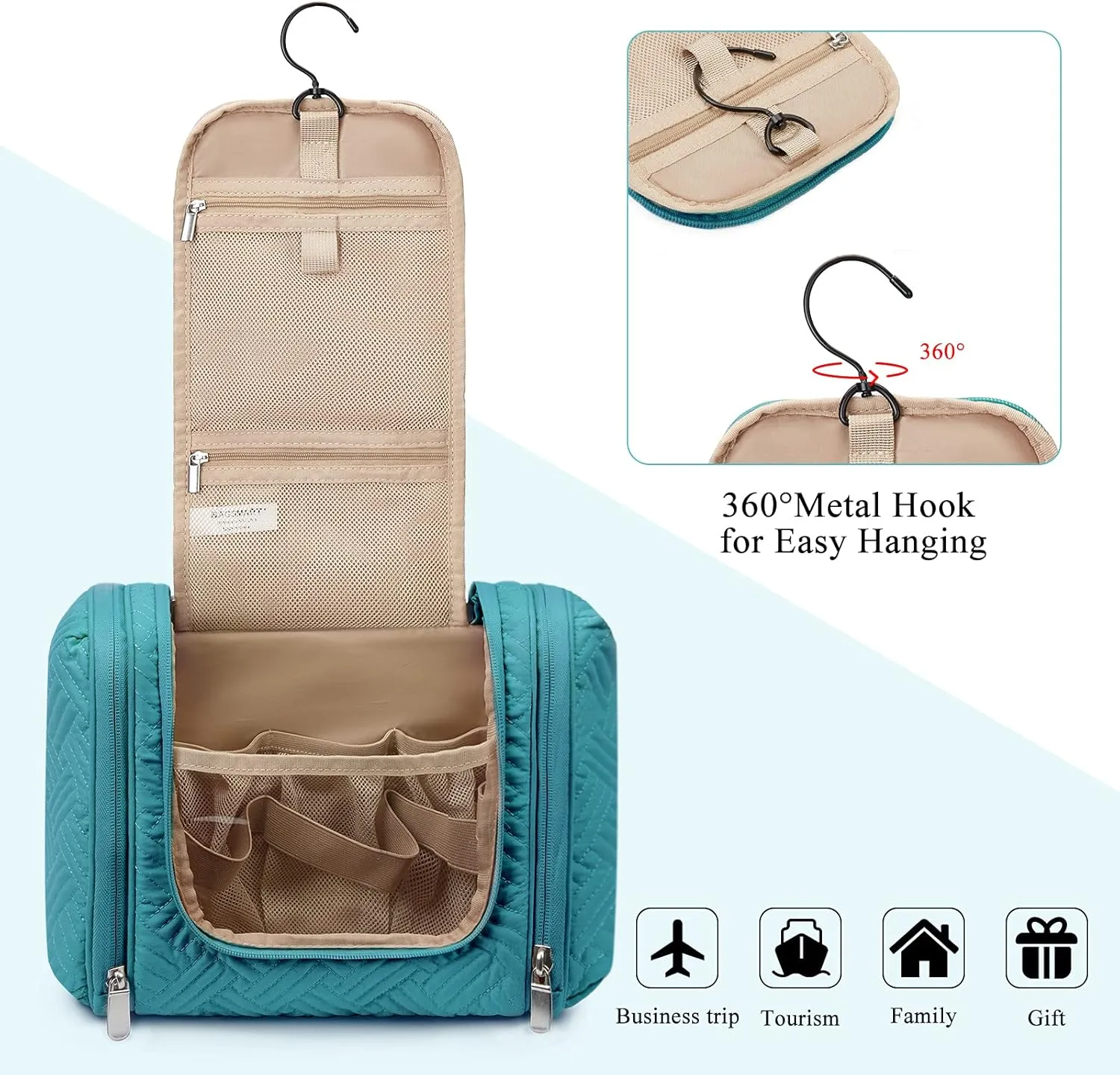 BAGSMART Large Travel Toiletry Bag for Women, Hanging Toiletry Bag with Hook, Travel Cosmetic Makeup Bag Travel Organizer for Accessories, Shampoo, Full Sized Container, Toiletries,Blue-Large