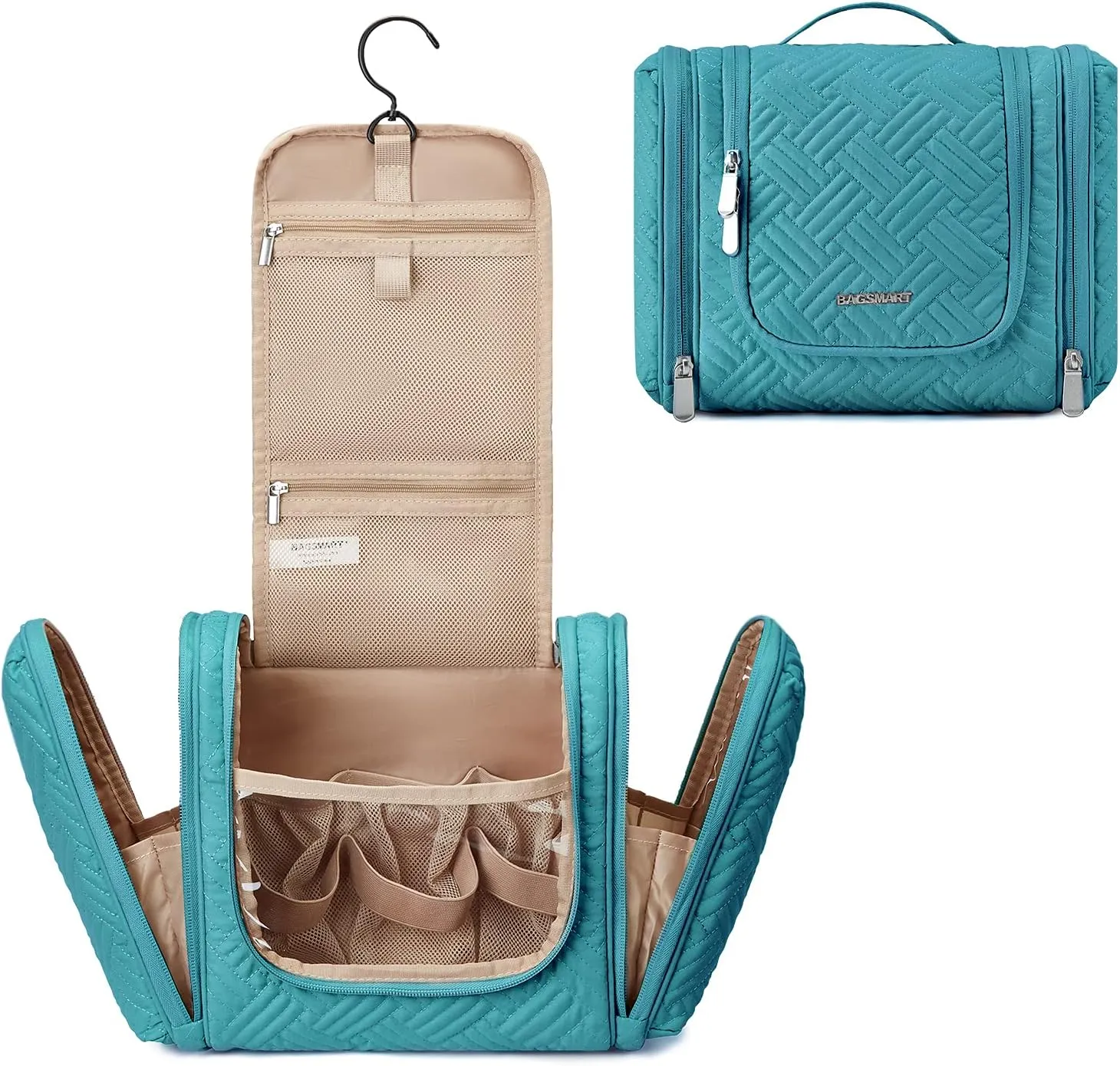 BAGSMART Large Travel Toiletry Bag for Women, Hanging Toiletry Bag with Hook, Travel Cosmetic Makeup Bag Travel Organizer for Accessories, Shampoo, Full Sized Container, Toiletries,Blue-Large