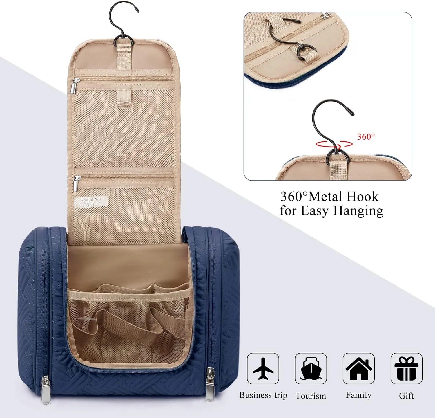 BAGSMART Travel Toiletry Bag for Women, Hanging Toiletry Bag with Hook, Travel Cosmetic Makeup Bag Travel Organizer for Accessories, Shampoo, Full Sized Container, Toiletries,Navy-Medium