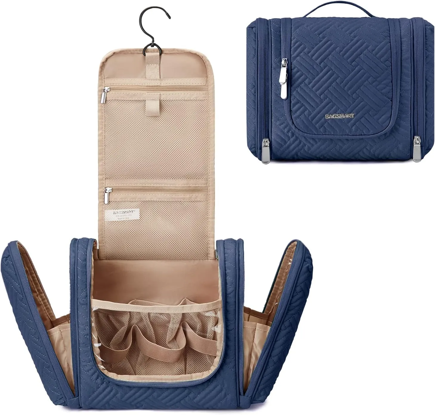 BAGSMART Travel Toiletry Bag for Women, Hanging Toiletry Bag with Hook, Travel Cosmetic Makeup Bag Travel Organizer for Accessories, Shampoo, Full Sized Container, Toiletries,Navy-Medium