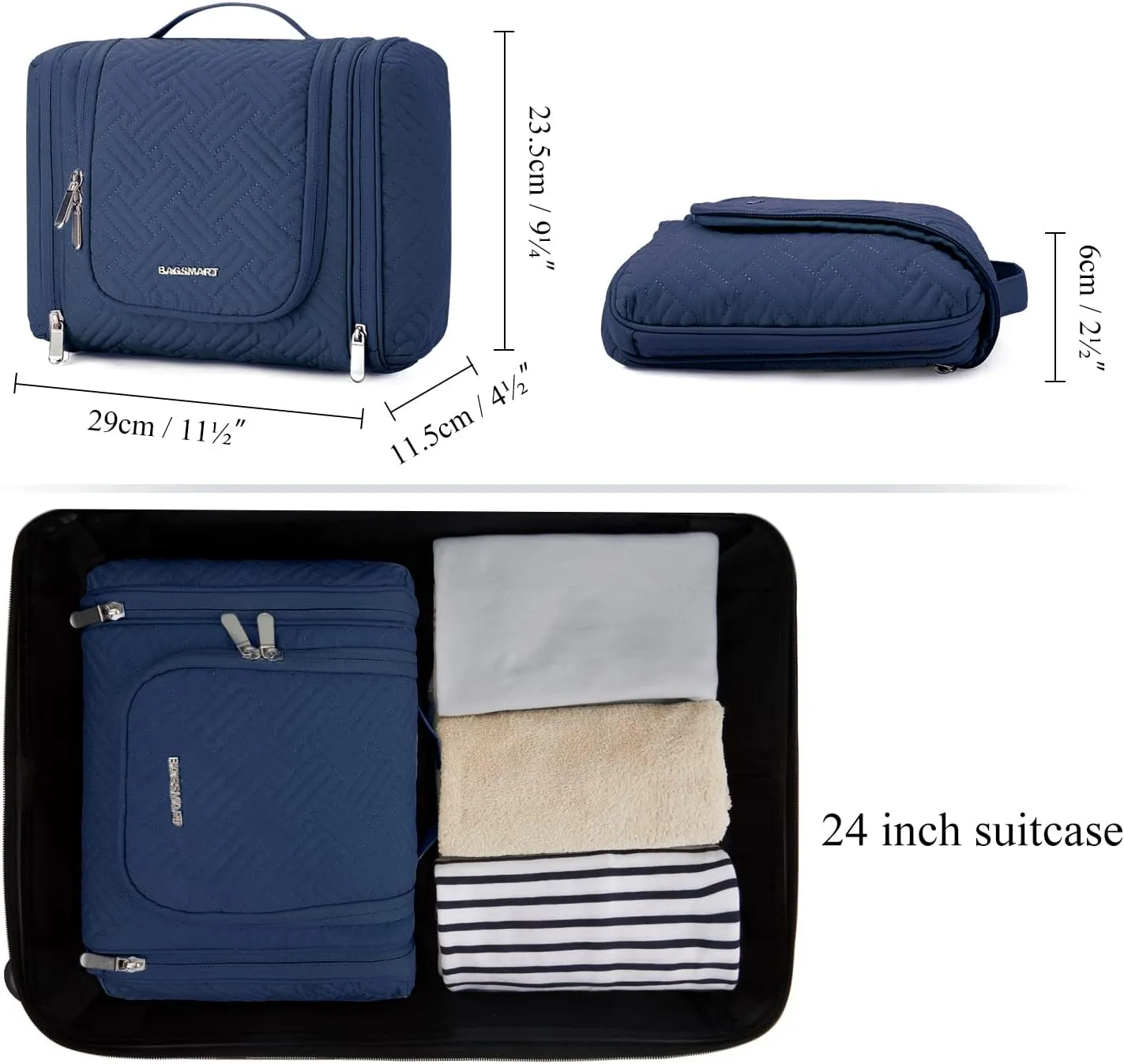 BAGSMART Travel Toiletry Bag for Women, Hanging Toiletry Bag with Hook, Travel Cosmetic Makeup Bag Travel Organizer for Accessories, Shampoo, Full Sized Container, Toiletries,Navy-Medium