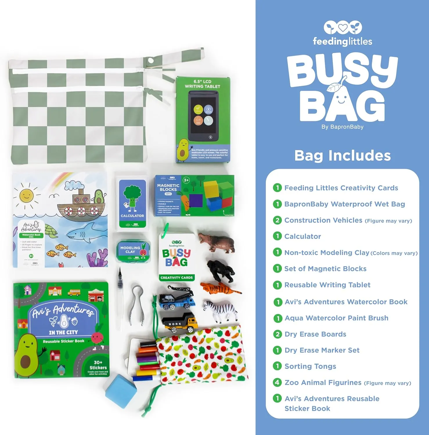 BapronBaby Feeding Littles Busy Bag (Sage Checkerboard) - Toddler Travel Activity Kit, Restaurant Activity Kit for Independent and Family-Wide Play, Age 3 