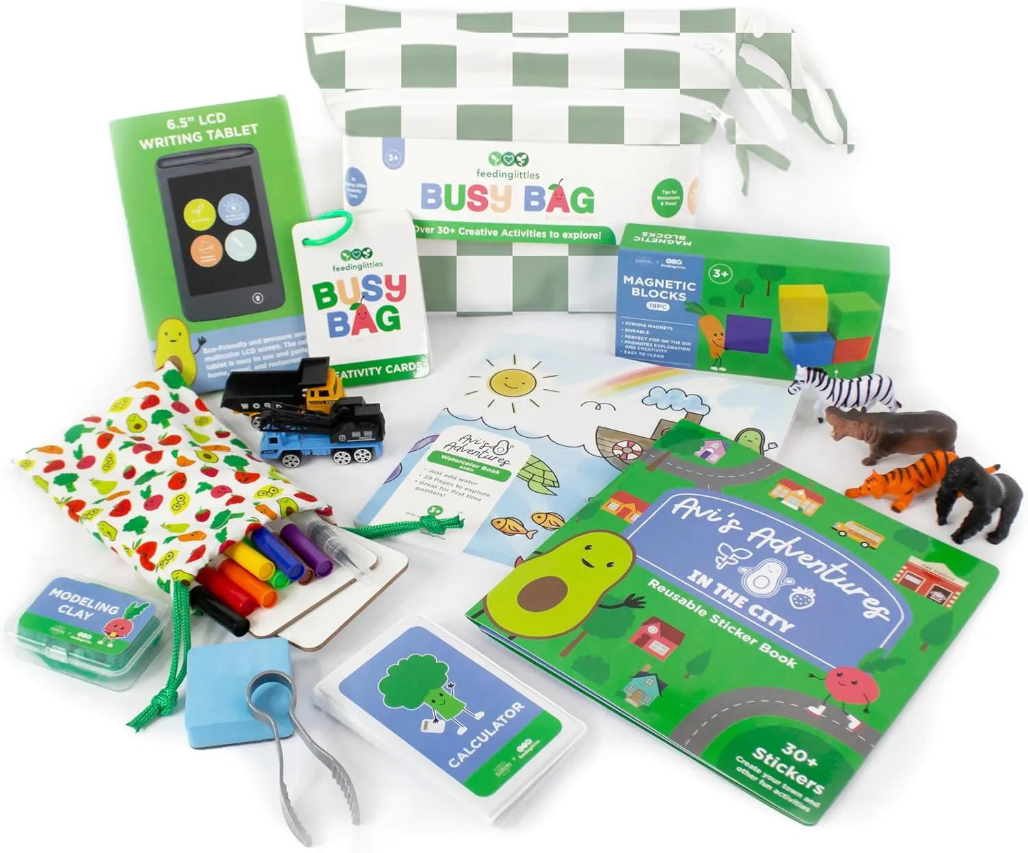 BapronBaby Feeding Littles Busy Bag (Sage Checkerboard) - Toddler Travel Activity Kit, Restaurant Activity Kit for Independent and Family-Wide Play, Age 3 