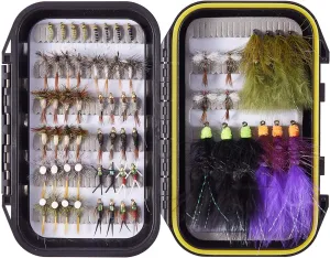 BASSDASH 62pcs Fly Fishing Flies Kit with Waterproof Fly Box for Trout Steelhead Salmon Include Nymphs, Dry Wet Flies, Streamers