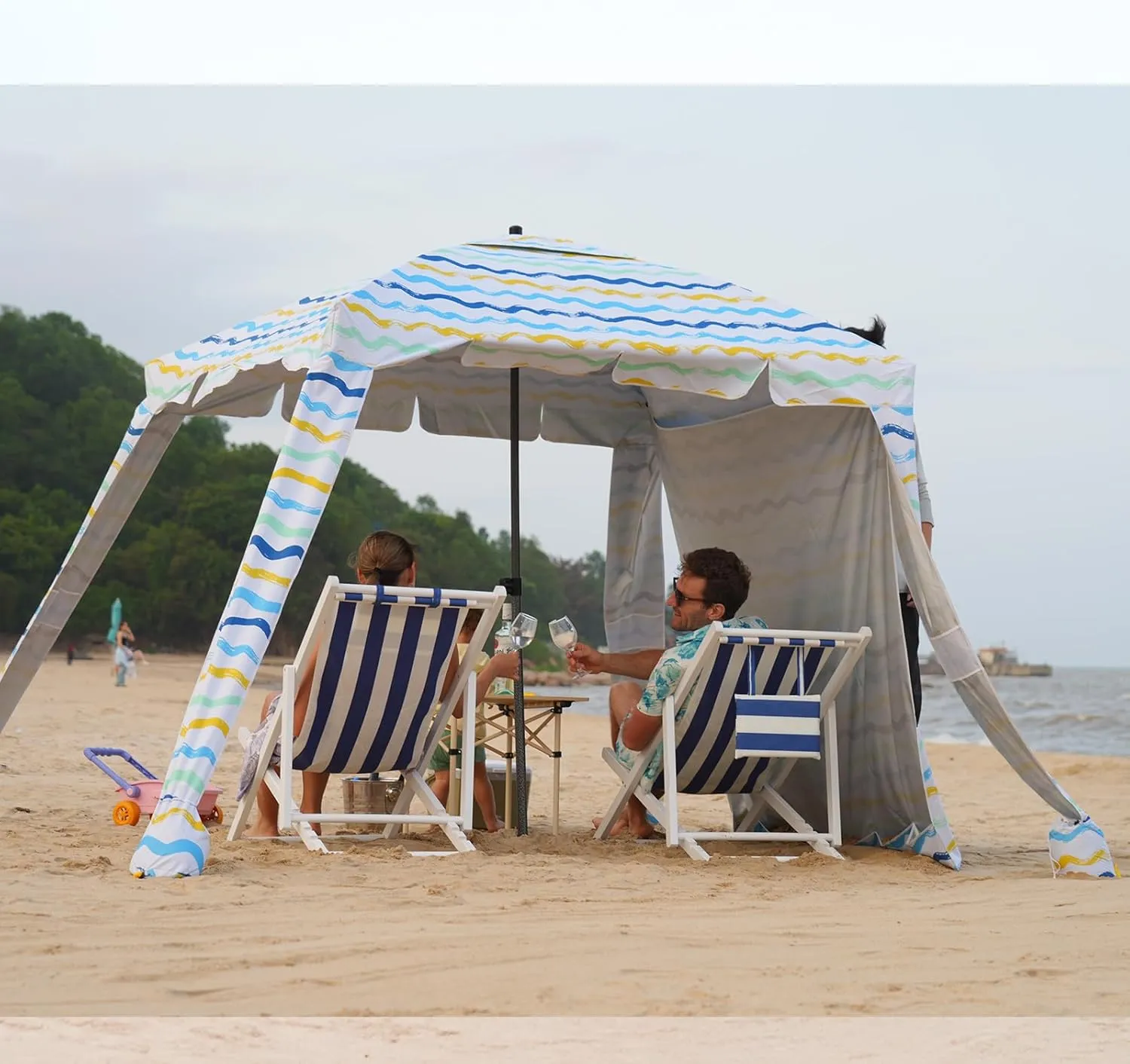 Beach Cabana - 6FT Beach Umbrella with UPF 100  UV Protection & Sunshade Curtain - Waterproof Tent - Portable Shade, Easy to Set Up, Perfect for Family & Friends, Color Stripes