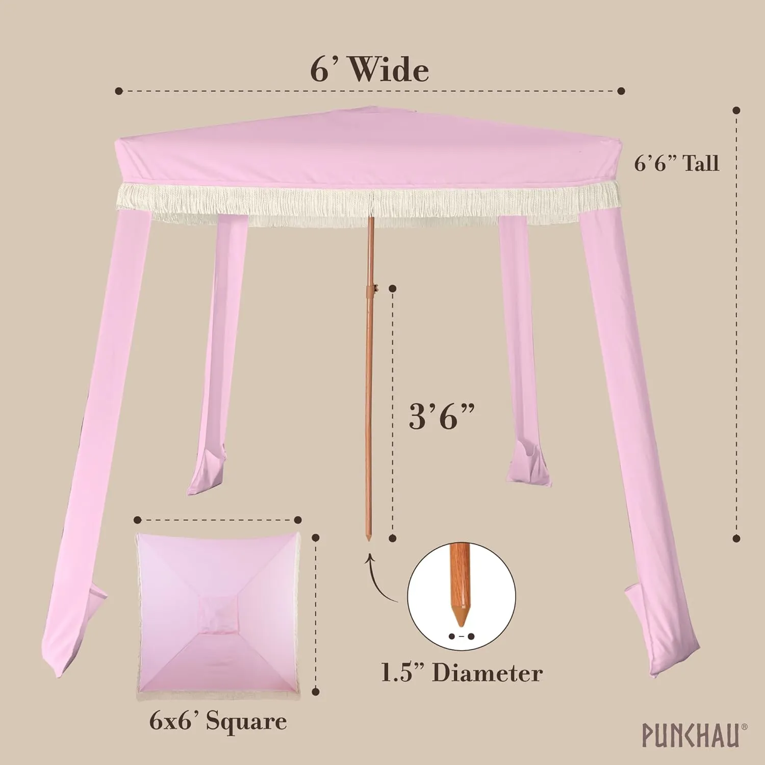 Beach Cabana with Fringe - 6x6 Ft. Boho Beach Canopy Umbrella Tent, Portable Umbrellas for Sand with Carry Bag & Sandbag Pockets, Instant Sun Shade Canopy Tent for Beaches & Backyards