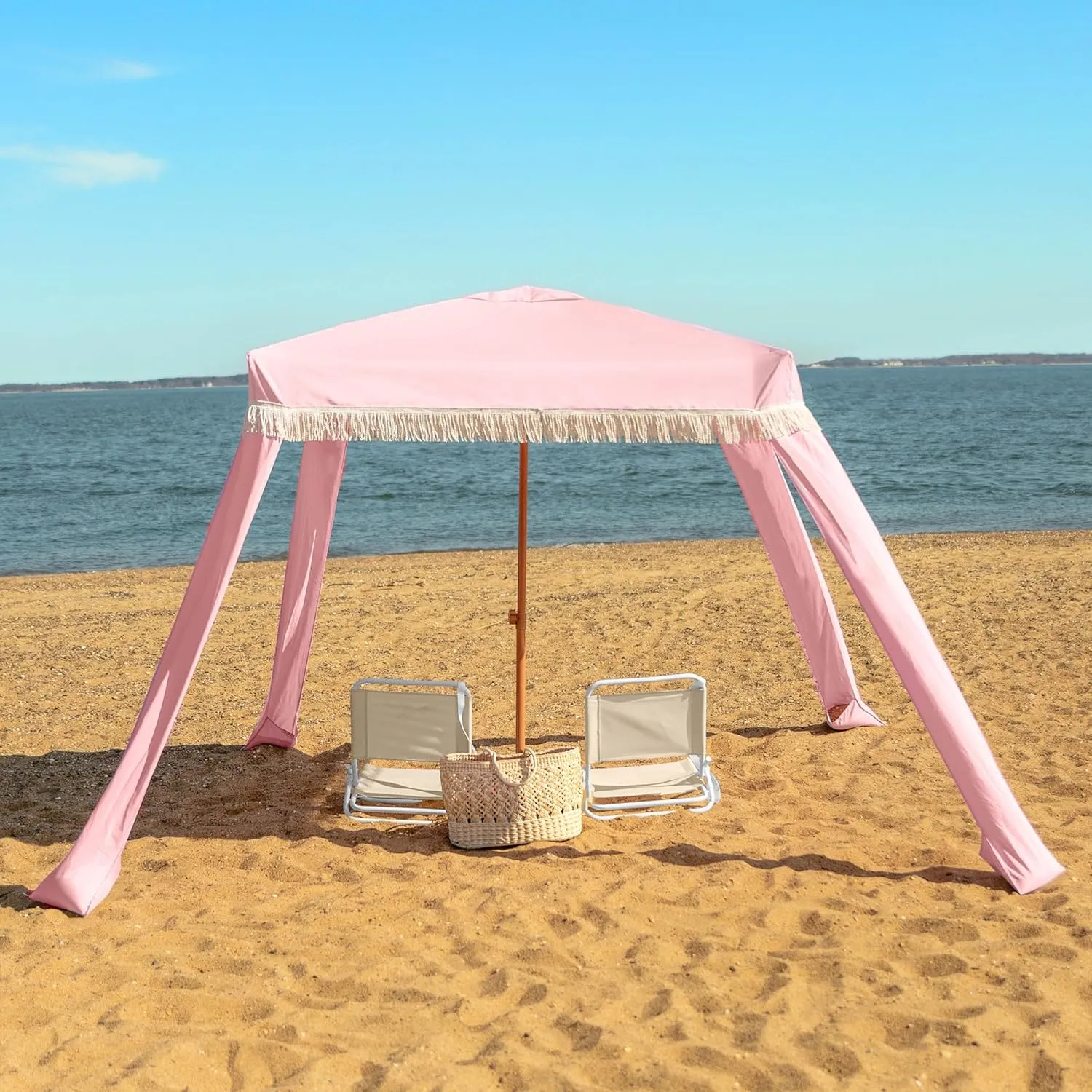 Beach Cabana with Fringe - 6x6 Ft. Boho Beach Canopy Umbrella Tent, Portable Umbrellas for Sand with Carry Bag & Sandbag Pockets, Instant Sun Shade Canopy Tent for Beaches & Backyards