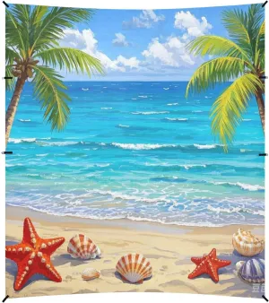 Beach Scenery Starfish Shells Coconut Trees Foldable Beach Canopy UPF50  Water-Resistant Sun Shade with Sandbags and Shovel for Camping, Picnics, Backyard