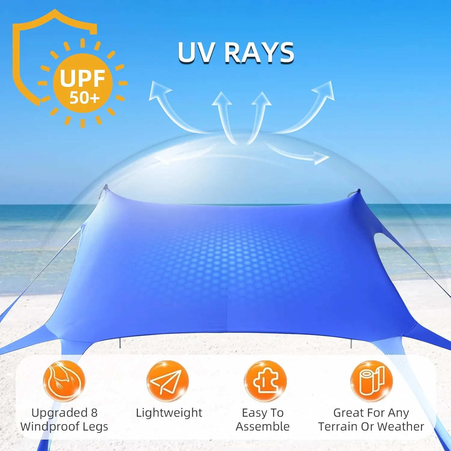 Beach Tent Camping Sun Shelter with UPF50 ,8 Sandbags,2 Sand Shovels & 4 Stability Poles Beach Tent,Outdoor Shade Beach Canopy for Camping Trips,Fishing, Backyard Fun or Picnics