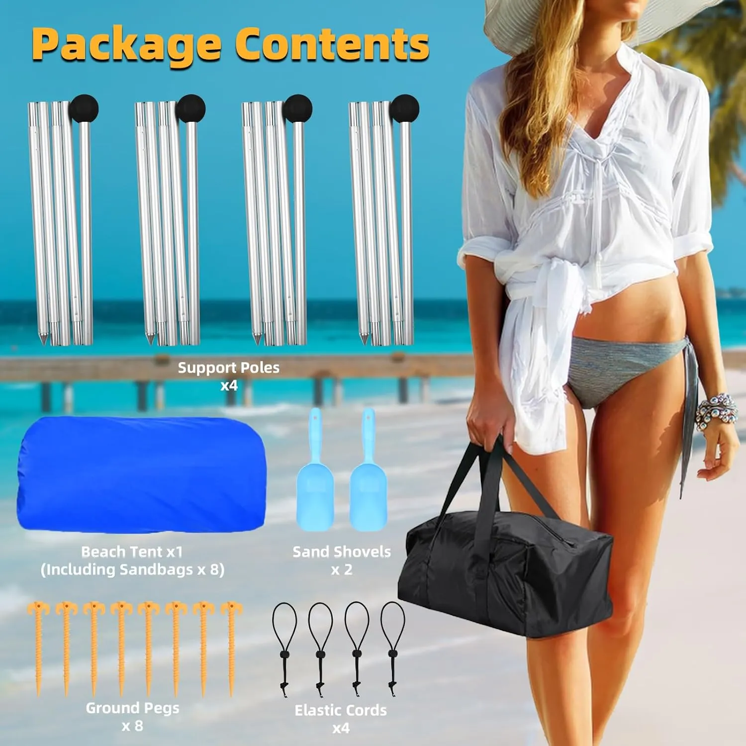 Beach Tent Camping Sun Shelter with UPF50 ,8 Sandbags,2 Sand Shovels & 4 Stability Poles Beach Tent,Outdoor Shade Beach Canopy for Camping Trips,Fishing, Backyard Fun or Picnics