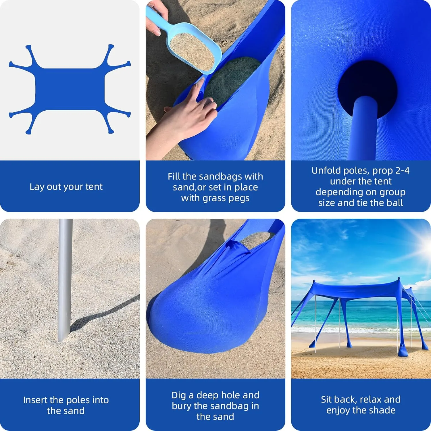 Beach Tent Camping Sun Shelter with UPF50 ,8 Sandbags,2 Sand Shovels & 4 Stability Poles Beach Tent,Outdoor Shade Beach Canopy for Camping Trips,Fishing, Backyard Fun or Picnics