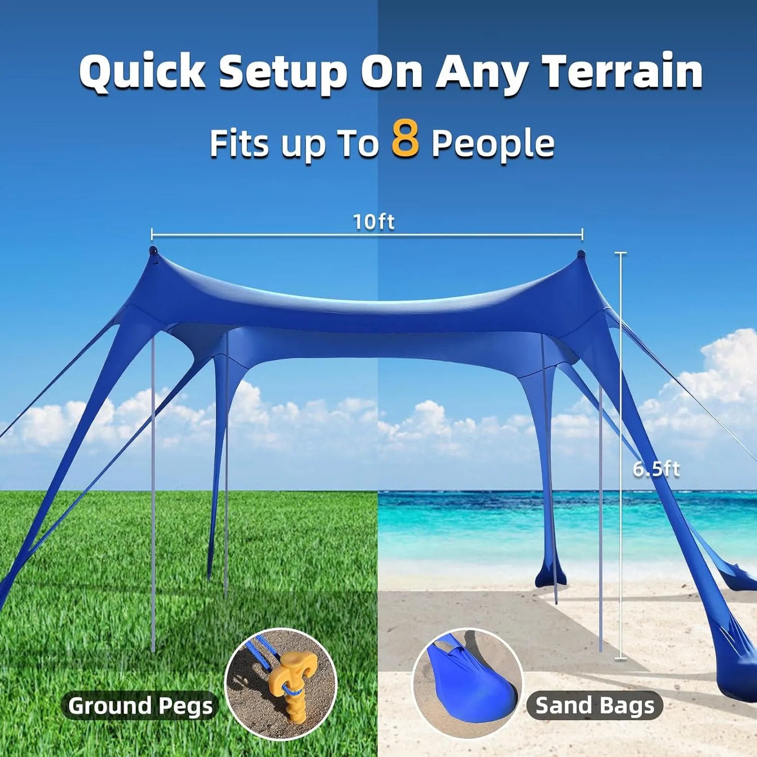 Beach Tent Camping Sun Shelter with UPF50 ,8 Sandbags,2 Sand Shovels & 4 Stability Poles Beach Tent,Outdoor Shade Beach Canopy for Camping Trips,Fishing, Backyard Fun or Picnics