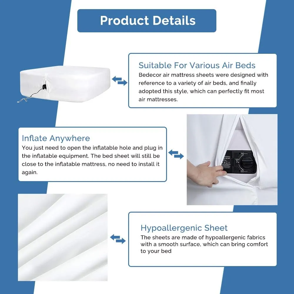 Bedecor Fitted Sheet for Air Mattress Inflate Without Disassembly Convenient & Firm Deep up to 21" White -Twin XL