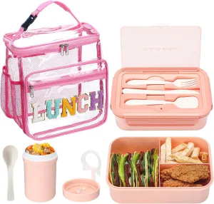 Bento Box Lunch Box Kit Including Large Pink Clear Lunch Bags Leakproof Lunch Box Containers 12 oz Cup Spoon Fork for Women School Travel Picnic Office
