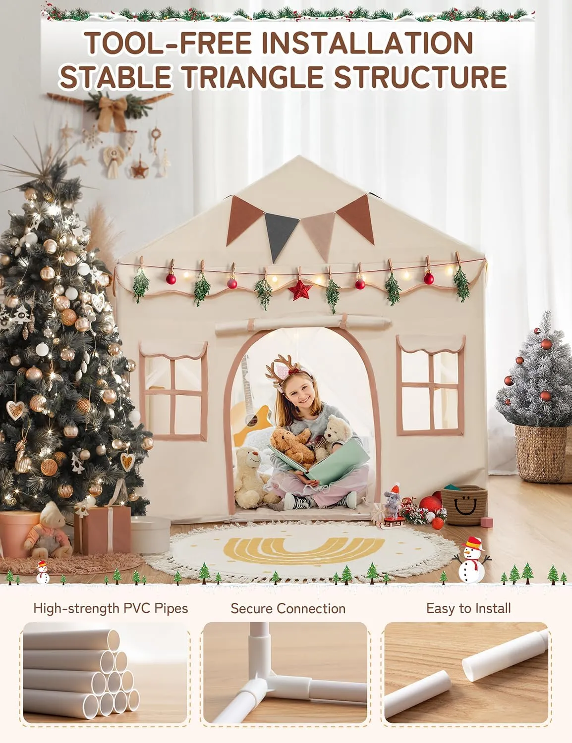 besrey Kids Tent, Kids Playhouse 2 in 1 with Padded Mat and Lights, Large Play Tent with 2 Doors & 4 Windows, Kids Play Tent Indoor & Outdoor, Christmas Toddler Tent for Kids, 51" x35" x 51"