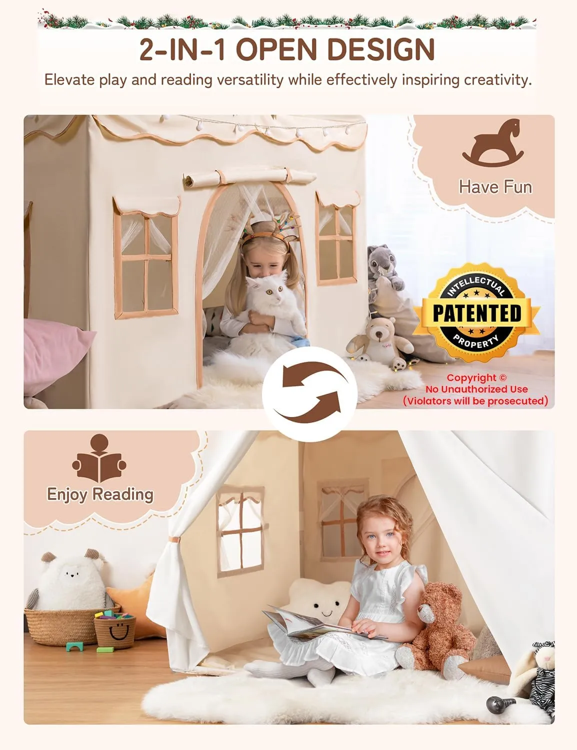 besrey Kids Tent, Kids Playhouse 2 in 1 with Padded Mat and Lights, Large Play Tent with 2 Doors & 4 Windows, Kids Play Tent Indoor & Outdoor, Christmas Toddler Tent for Kids, 51" x35" x 51"