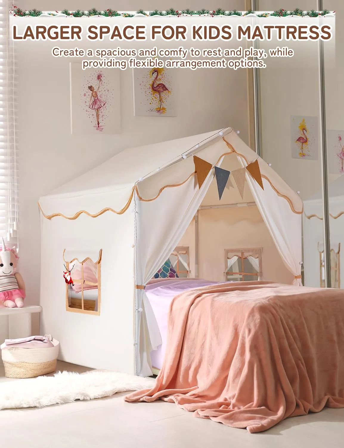 besrey Kids Tent, Kids Playhouse 2 in 1 with Padded Mat and Lights, Large Play Tent with 2 Doors & 4 Windows, Kids Play Tent Indoor & Outdoor, Christmas Toddler Tent for Kids, 51" x35" x 51"
