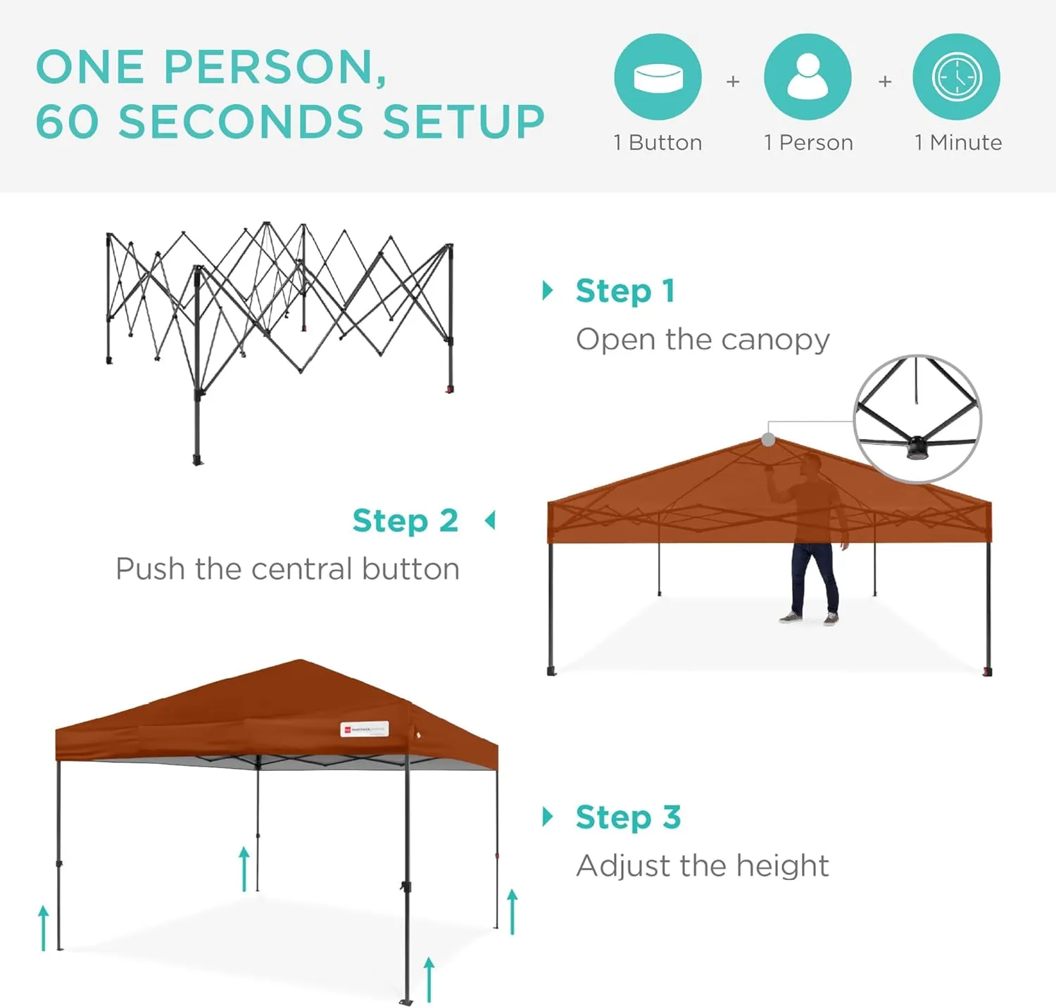 Best Choice Products 10x10ft 1-Person Setup Pop Up Canopy Tent Instant Portable Shelter w/ 1-Button Push, Case, 4 Weight Bags - Rust