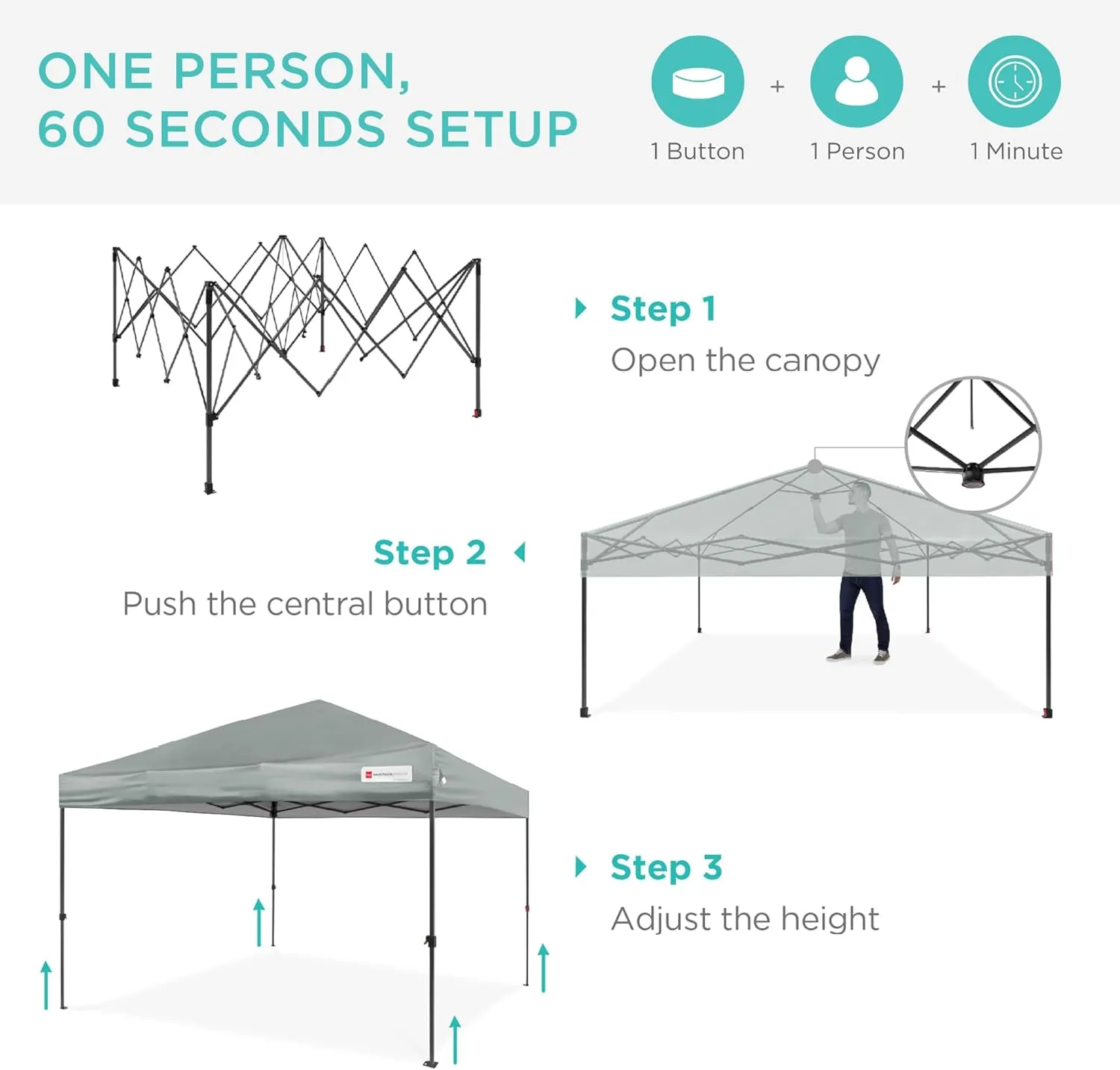 Best Choice Products 10x10ft 1-Person Setup Pop Up Canopy Tent Instant Portable Shelter w/ 1-Button Push, Case, 4 Weight Bags - Silver