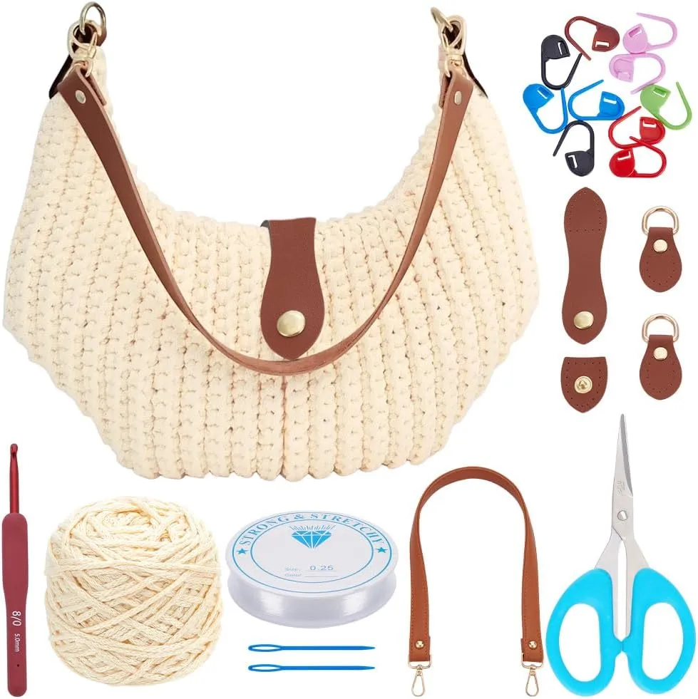 BEUNITONE Crochet Bag Kit for Adults Crochet Bag with Step-by-Step Video Tutorials Crochet Kit for Beginners Complete Crochet Supplies to Make a Tote Bag DIY Crochet Handbags for Crochet Gift(Beige)